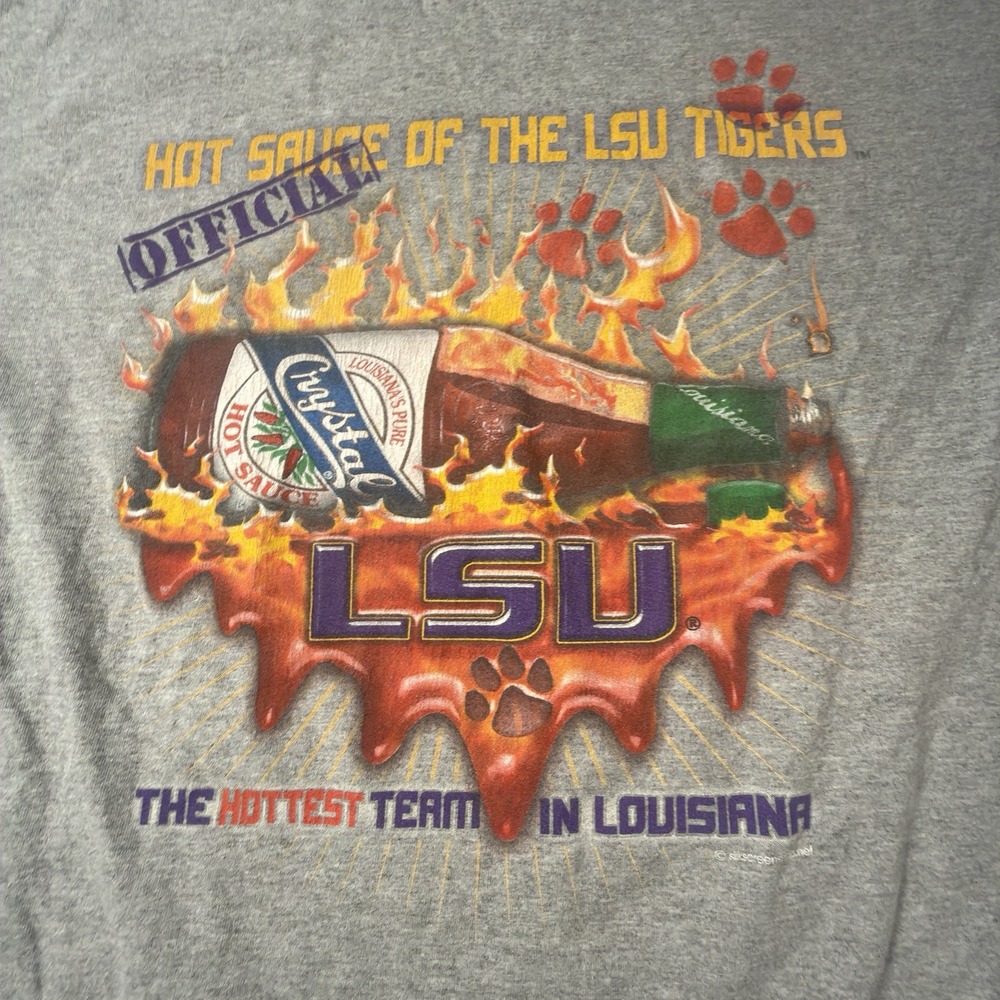 Vintage LSU Tigers T Shirt Mens XL Grey Crystal Hot Sauce SEC Football Graphic